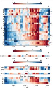 a All SGI time series grouped by cluster (C1–C4); b ENSO anomalies represented by the MEI; and c SPI24 at Mara and Bela (Bela-Bela), SSI24 at Moga (Mogalakwena), and SGI of the MH for each cluster
