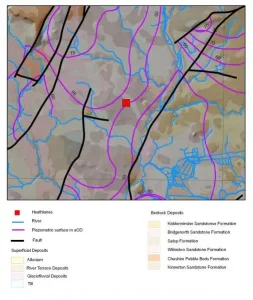 Map of Heathlanes showing geology and water level contours. BGS © UKRI.