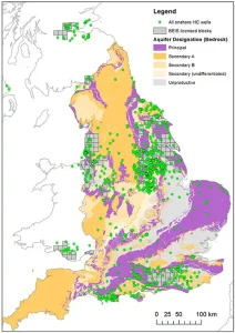Recorded hydrocarbon wells (conventional oil and gas, mine gas, coal-bed methane) and BEIS-licensed blocks in England. Contains public sector information licensed under the Open Government Licence v3.0