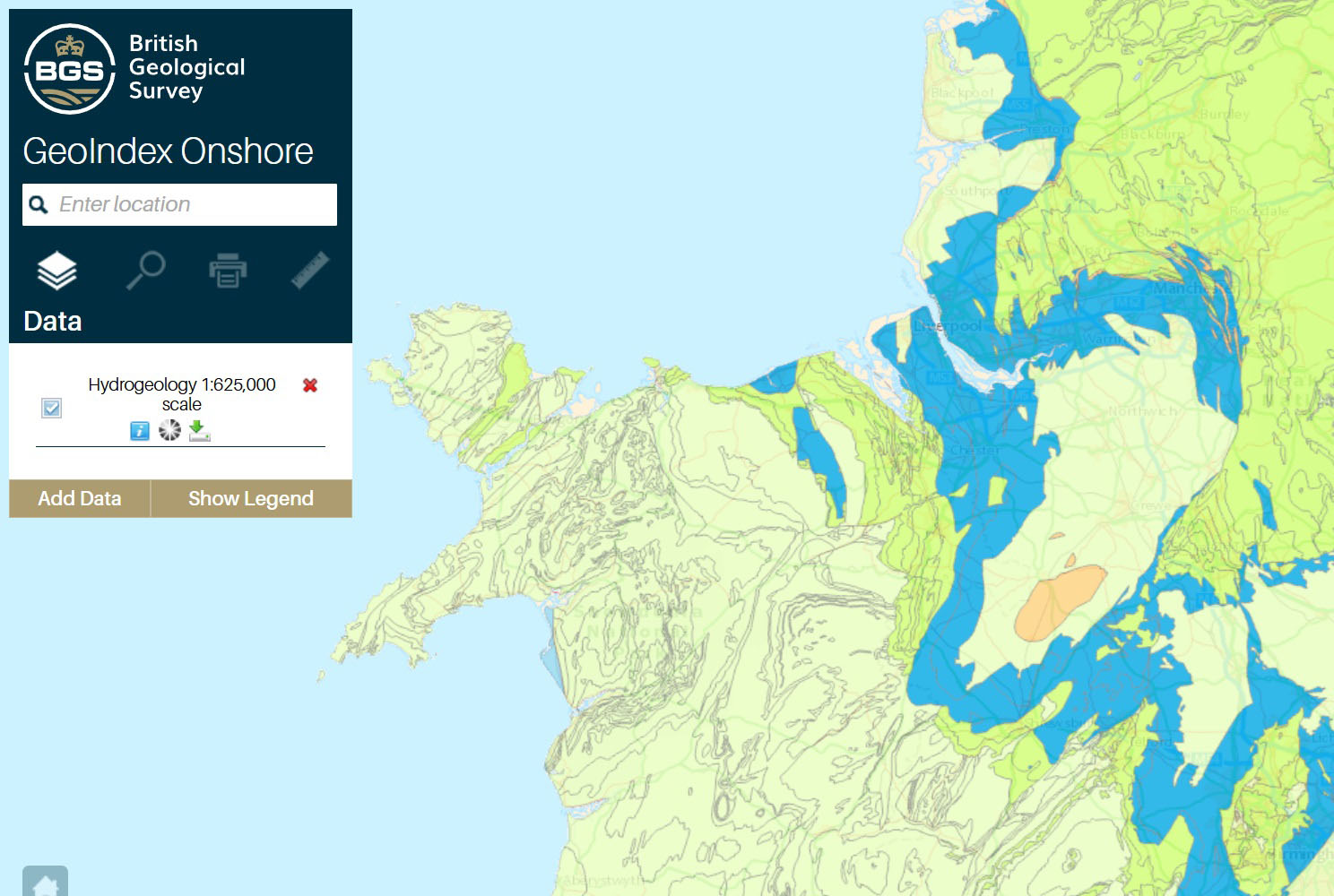 A screenshot of a map with green and blue sections denoting the productiveness of the aquifer.
