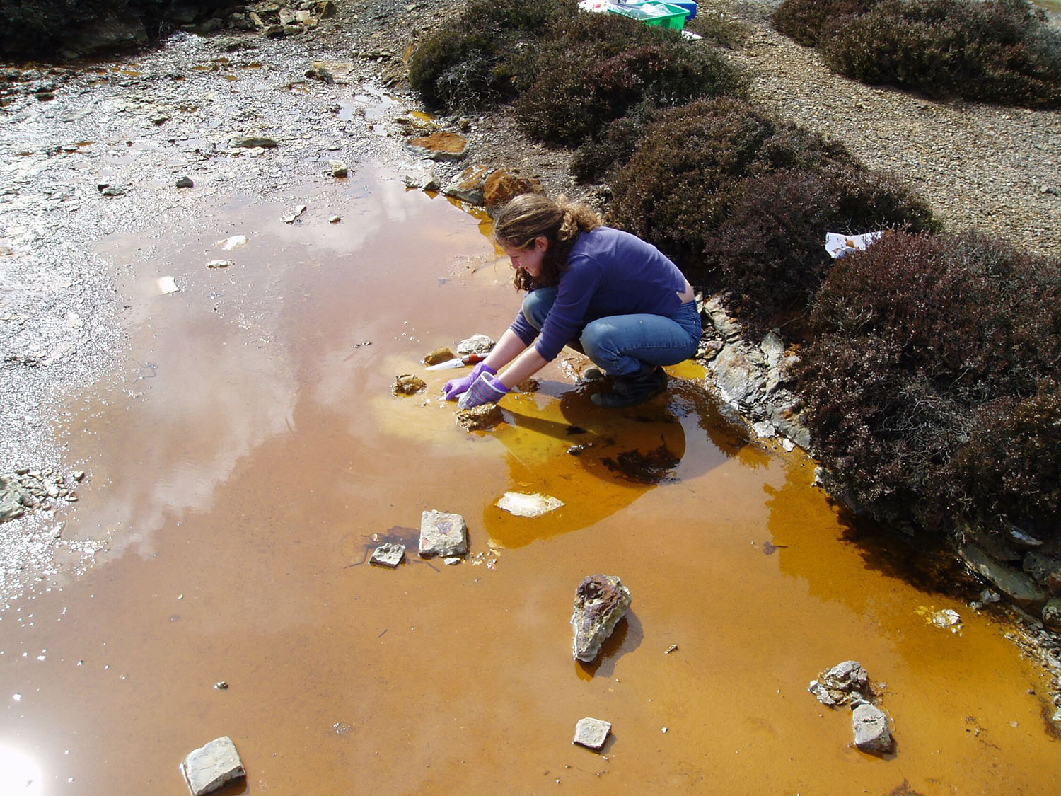 A white woman dressed in navy blue is crouching in a wide, shallow pool of bright orange water, taking a sample.