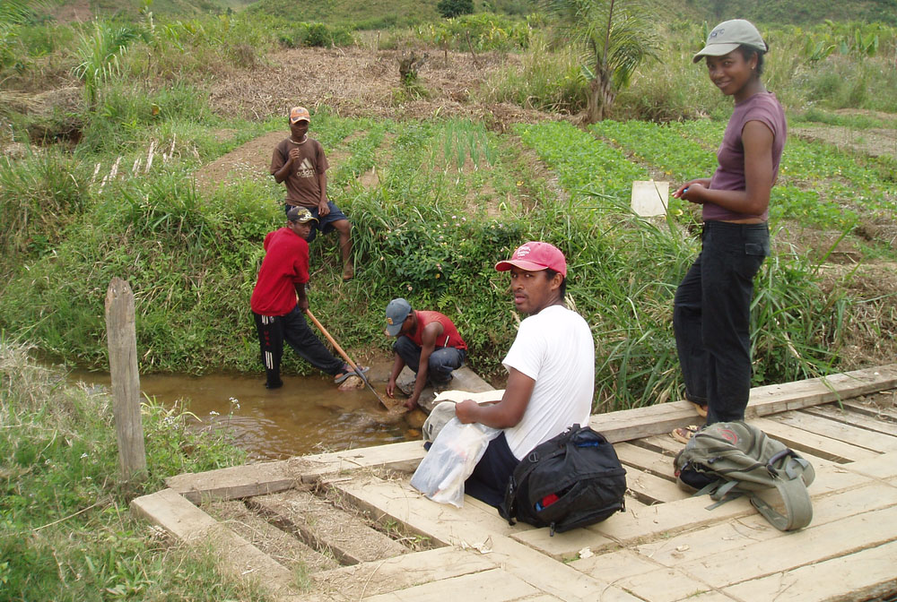 A black man sits and a black woman stands on a bridge over a small river. Three back men are in the river taking water sample.