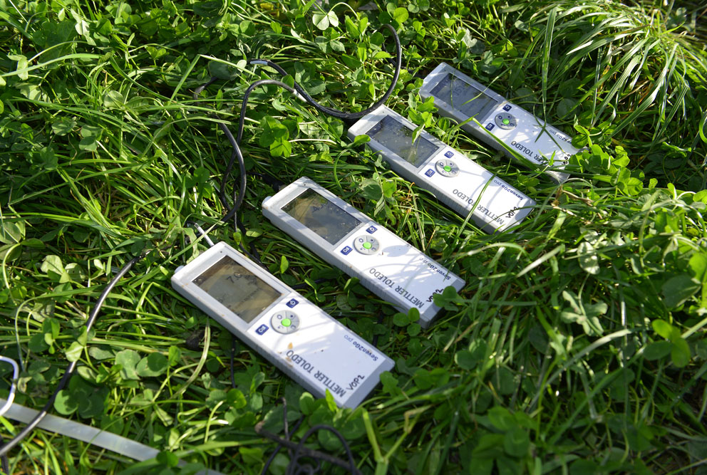 Four pH meters lying on grass