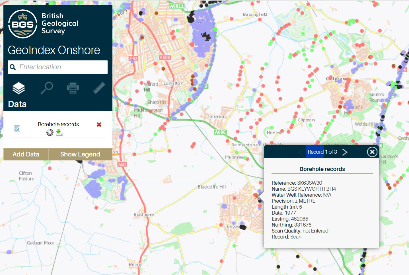 A screenshot of a map with coloured dots on it representing boreholes
