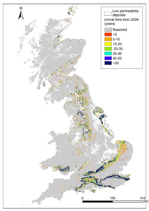 Map of GB showing Model estimate of how long after 2009 the peak nitrate input will arrive at the water table.