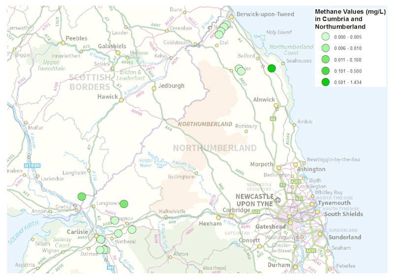 Map of Cumbria and Northumberland showing sample site locations (dots) and methane concentration (colour of dot)