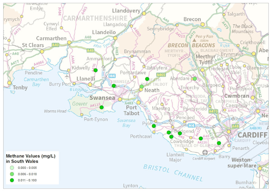 Map of south wales showing sample site locations (dots) and methane concentration (colour of dot)