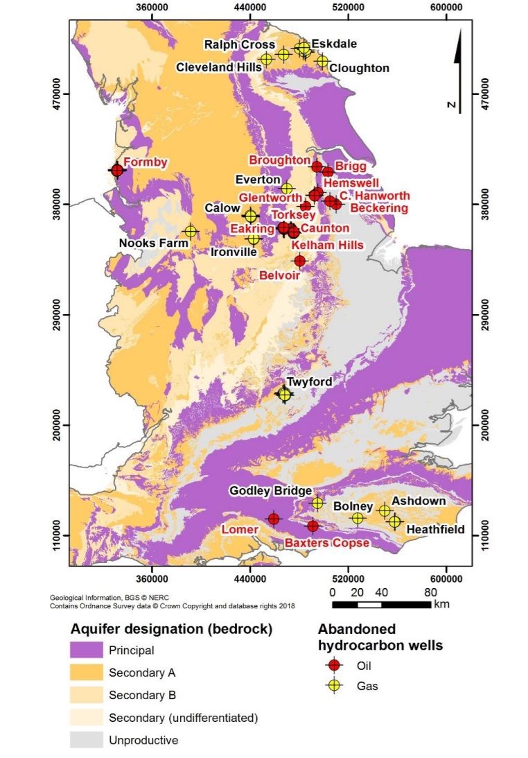 A amp of England and wells showing primary and secondary aquifers with points of selected abandoned hydrocarbon wells