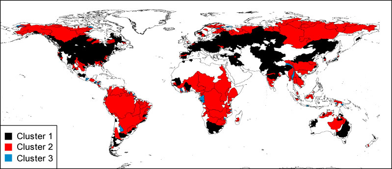 A map of the world showing clusters of nitrate storage globally
