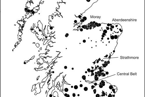 A map of Scotland with dots indicating manganese concentrations. The bigger the dot, the higher the concentration