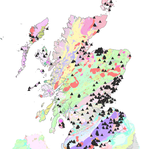 A geological map of Scotland showing the data coverage before the Baseline scotland project. SAmple sites are indicated by black triangles.