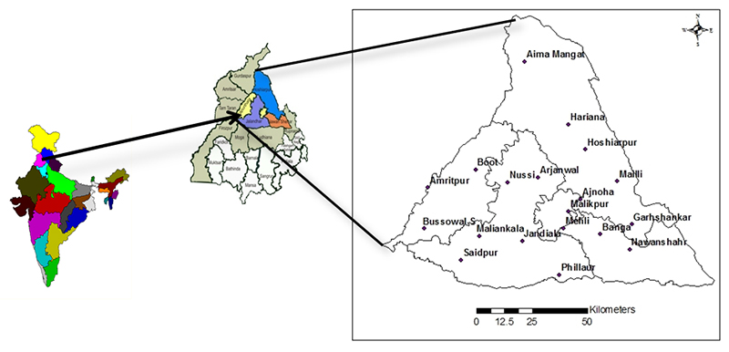 location of Bist-Doab (approx 9000 km2) and sampling points.