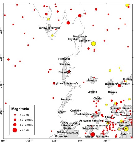 Instrumentally recorded earthquakes (red circles) from 1970 to 2011 and historical earthquakes (yellow circles) prior to 1970 in a 100 km square centred on the epicentre of the 1 April earthquake 2011 (red star). BGS © UKRI.