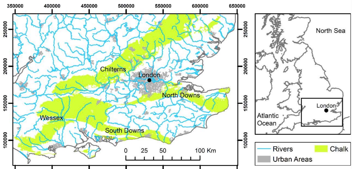 Location map of Chalk outcrop (shown as green areas), rivers (blue lines) and urban areas (grey area). BGS © UKRI.