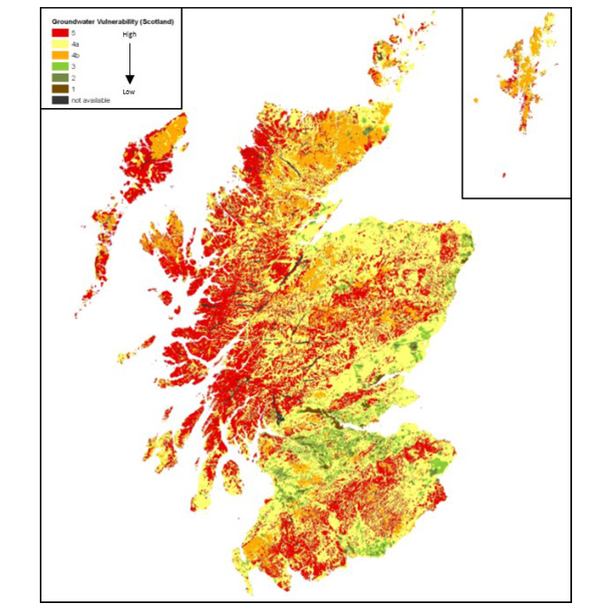 Groundwater vulnerability in Scotland (from Ó Dochartaigh et al., 2011). © BGS.