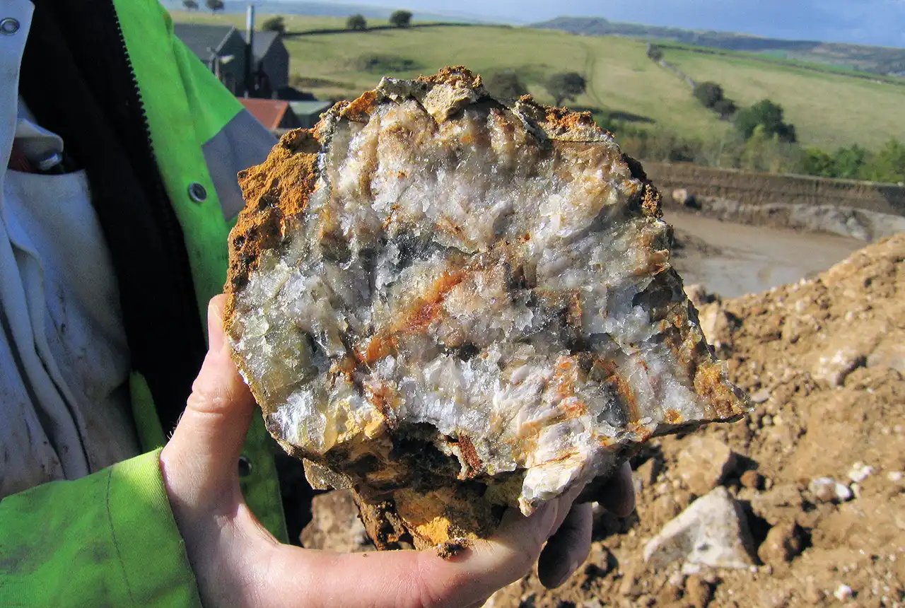 Fluorspar ore. Glebe mine, Stoney Middleton, Derbyshire, UK. BGS © NERC