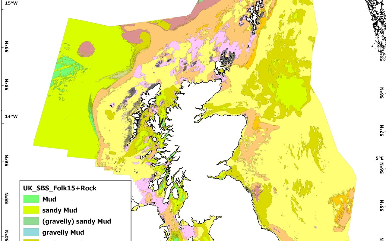 Predictive SBS map product: Mostly likely sediment class according to Folk15 classification + rock. BGS © UKRI 2025
