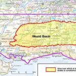 Area considered prospective for Jurassic shale oil in relation to the urban areas of southern Britain. Contains Ordnance Survey data © Crown copyright and database right 2014. The South Downs and New Forest National Parks are indicated in pale orange; Areas of Outstanding Natural Beauty are shown in pale green.