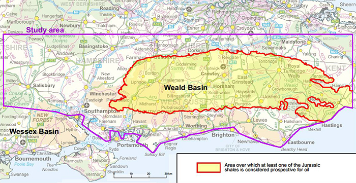 Area considered prospective for Jurassic shale oil in relation to the urban areas of southern Britain. Contains Ordnance Survey data © Crown copyright and database right 2014. The South Downs and New Forest National Parks are indicated in pale orange; Areas of Outstanding Natural Beauty are shown in pale green.