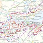 Area considered prospective for gas-mature Carboniferous shale (in red, holes within the extent are dashed), Midland Valley of Scotland in relation to the urban areas of central Scotland. Contains Ordnance Survey data ©Crown copyright 2014.