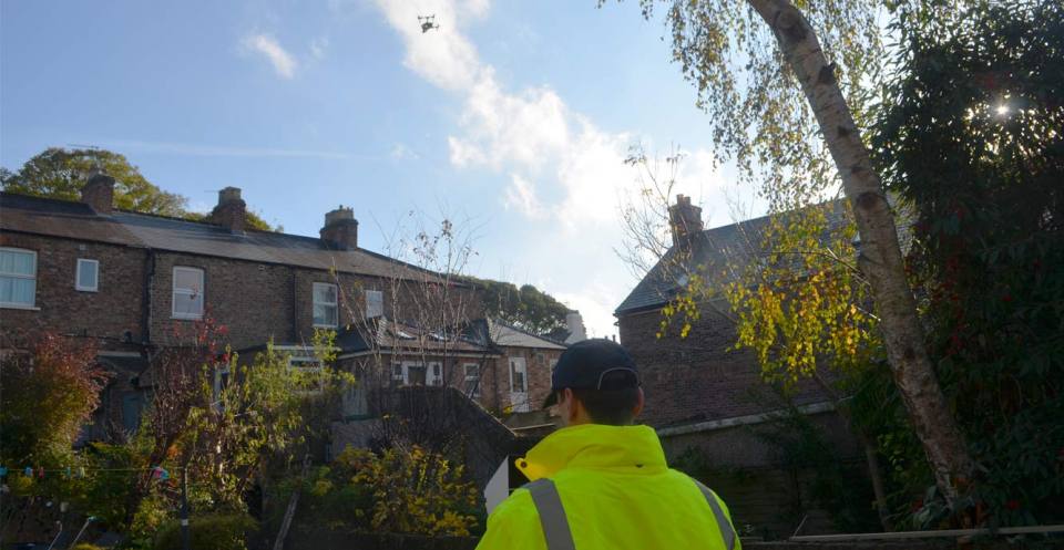 Rapid Response drone flight to build a 3D model of a sinkhole behind a terrace of houses in Ripon, Yorkshire.