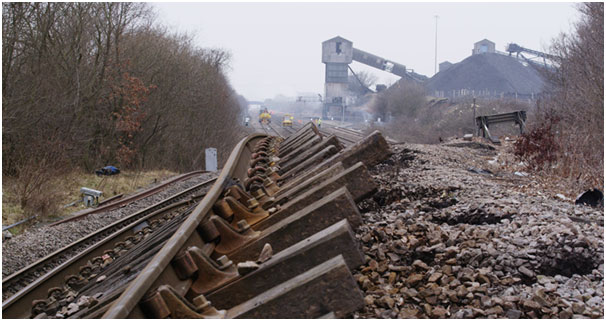 Railway deformation at Hatfield Colliery landslide. Photo: 26 February 2013 © Network Rail.
