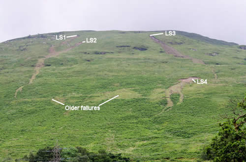 The landslides (marked LS1 to LS4) on Ben Reoch, Argyll and Bute. The line of light green patches at a similar level to LS4 appears to represent a series of older slope failures.