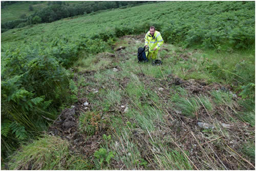 End of pathway of LS4 as delineated by smoothed grass and removal of fern cover, showing small amounts of debris and accumulation of loose vegetation where the slurry came to a halt.