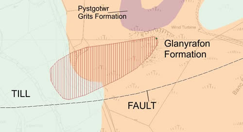 Geology map of the Banc Dolhelfa landslide. Red hashed area is the landslide deposit. Green dot is the location of National Landslide Database record for this event. © Crown Copyright.