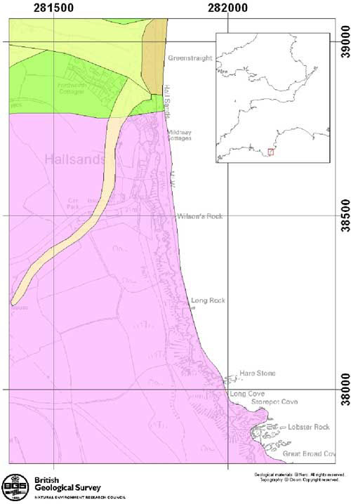 Location of Hallsands, South Devon and 1:50 000 Bedrock and Superficial Geology (Light brown= alluvium, dark brown= beach deposits, green= Start Horneblende Schist, Pink= Start Mica Schist). The area is also capped by significant thicknesses of head deposits (not shown on map).