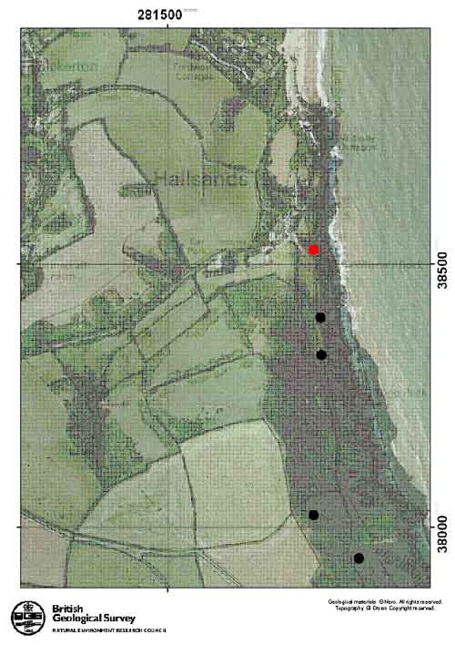 Large rockfall to north of village viewing platform. The landslide scar and debris can be clearly seen from the water. The village access road originally passed seaward of the viewing platform and debris from is visible amongst the boulders on the beach.