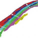 Figure 4 3-D laser scan solid models for 2001 to 2006 at Happisburgh. 2001 is yellow ranging annually to dark blue (2006).