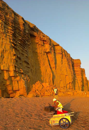 The BGS Landslide Response Team carry out a LiDAR survey of the Burton Bradstock rock fall landslide of 24 July 2012.