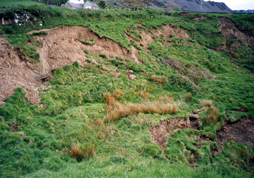 Shallow failures in the cliff top of Nefyn Bay.