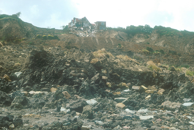 hotel from the bottom of the landslide looking up towards the hotel.