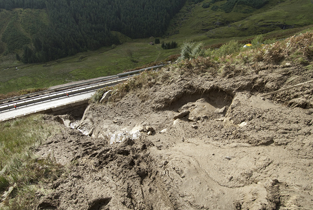 View down debris flow to road (A83).