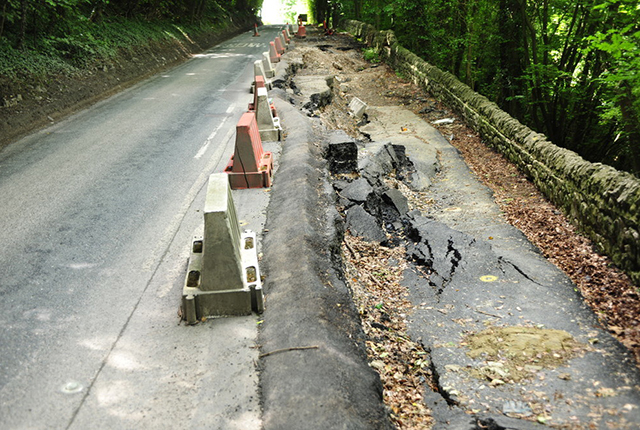 Close-up of damage to road (B5056).