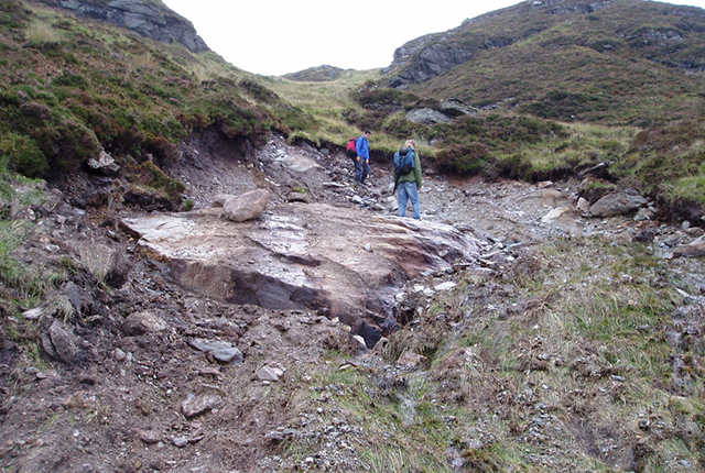 Small shallow planar landslide at top of slope.