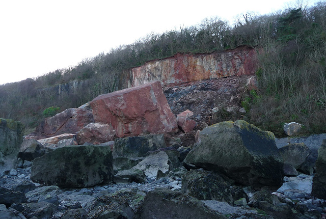 Close up view of Oxwich Bay landslide with ' The Dices.