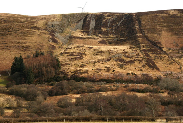 The Banc Dolhefa landslide taken from the toe of the landslide. (Photograph courtesy of C. Humphrey, Mid Wales Geology Club).