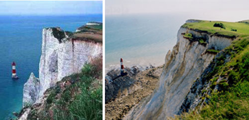 Figure 5 Devil's Chimney before (left - photograph © Bill Vanstone) and after (right) the landslide