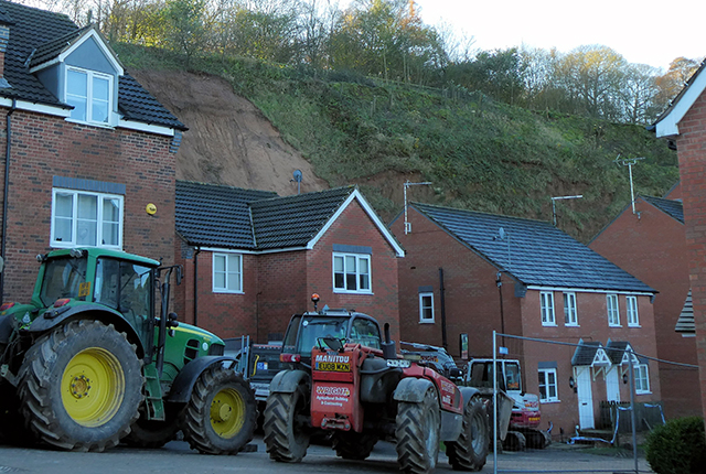 View of the Berry Hill landslide and disused quarry slope taken from Bank End Close © BGS