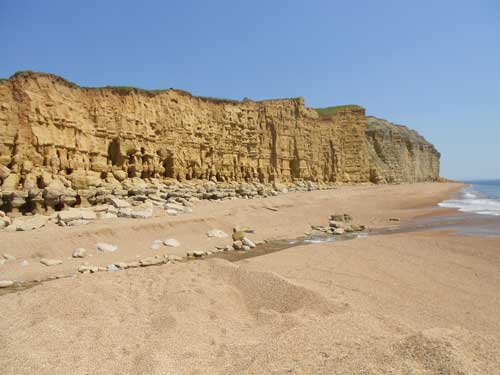 The yellow sandstone cliffs between Freshwater Bay and Hive Beach that are shaped by erosion processes, including landslides. Taken 25 July 2012.