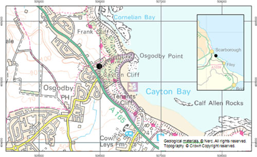 Figure 1 Location of Cayton Bay, North Yorkshire. The black point marks the position of the backscarp. National Landslide Database ID 6882/1 and 6882/2.