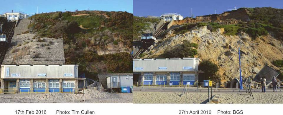 Before and after photographs of the landslide at East Cliff, Bournemouth. Left photograph courtesy of Tim Cullen.