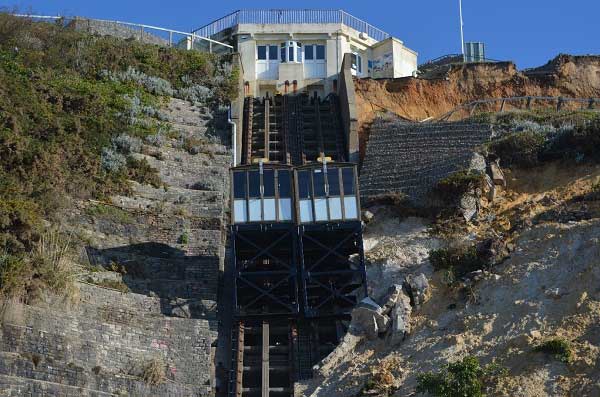 East Cliff lift funicular railway, constructed 1908, after the landslide, Bournemouth, 24 April 2016.