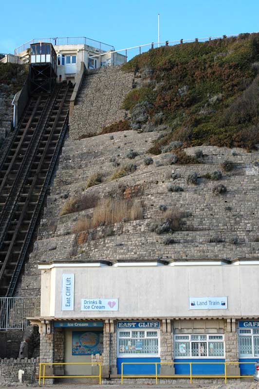 Photograph of the section of cliff and the funicular railway before the landslide took place. Photograph courtsey of Tim Cullen, taken in February 2016.