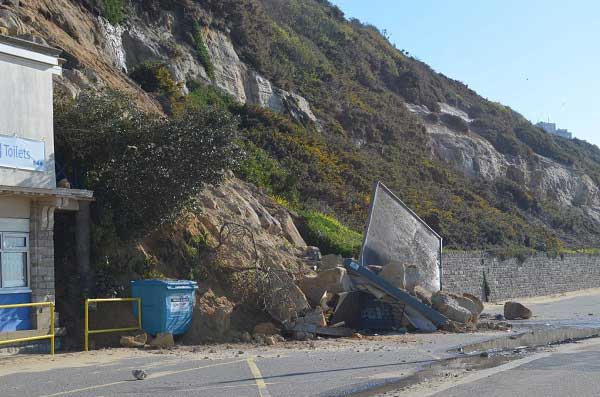Toe of the landslide at East Cliff, Bournemouth, showing the toilet block, 24 April 2016.
