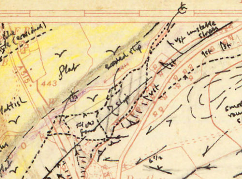 A scan of the original linework mapped in the field by the geologist shows the older, larger landslide deposit (vertical pencil lines). Note 'unstable slopes' to the north-east.