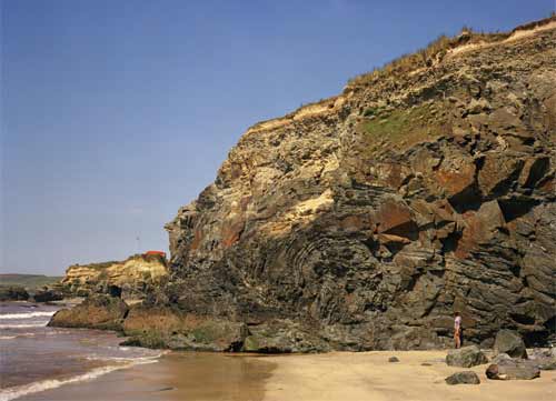 Nearby geology at Gwithian Towans; folding in Mylor Slates. An anticline with a near-horizontal hinge in silty banded slates. The cliff is capped by head overlain by blown sand.